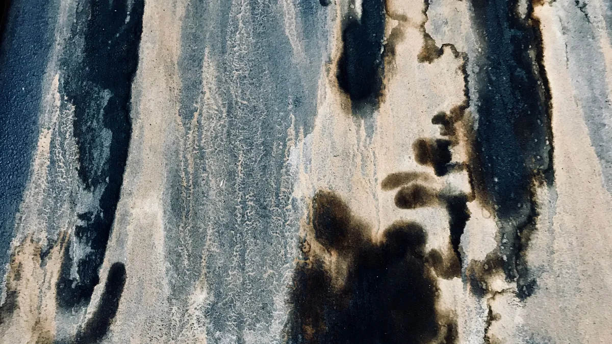 Black mildew stains spreading across the surface of a damp weathered wall